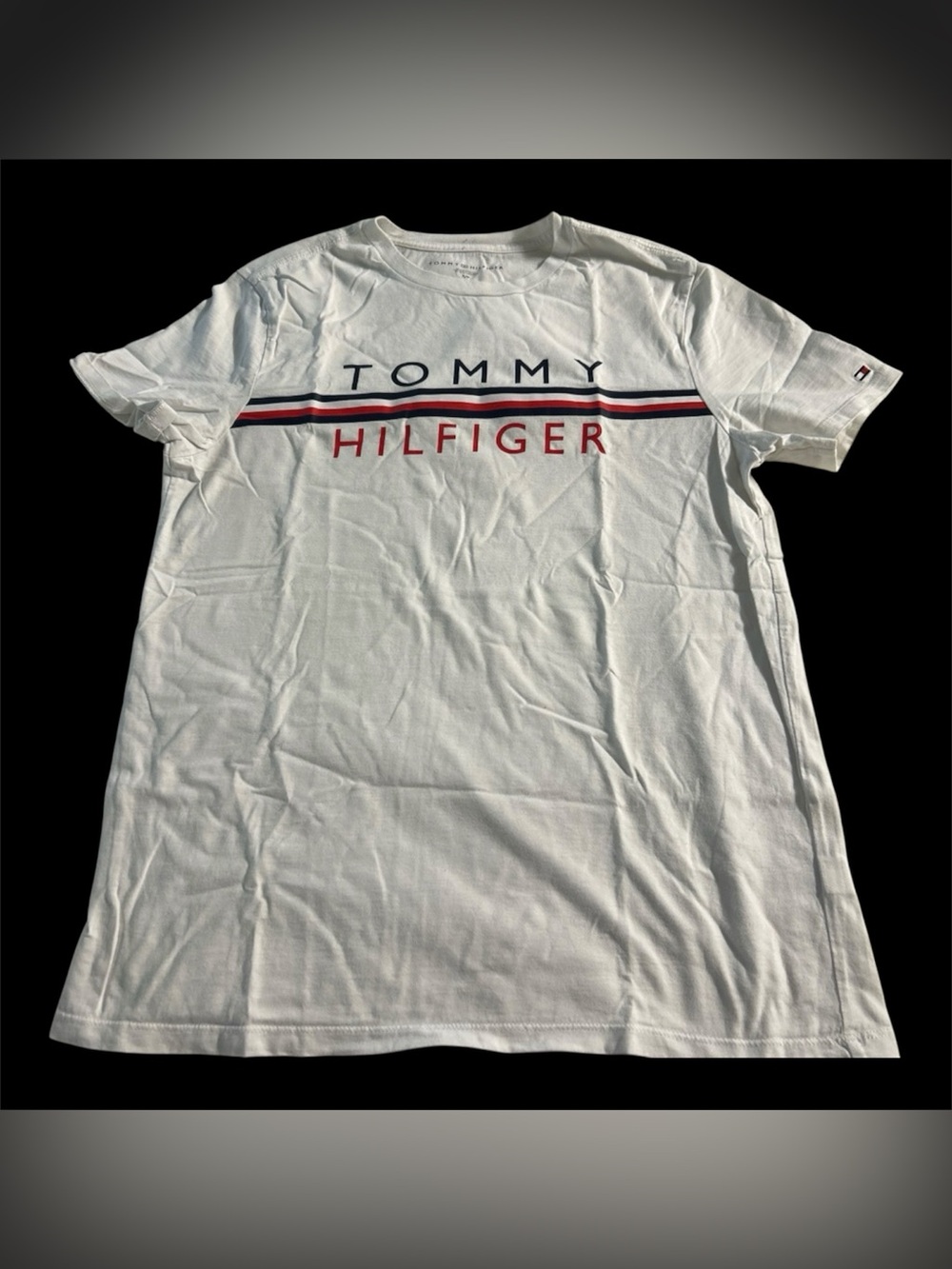 Tommy Hilfiger White Short Sleeve Logo Tee with Red & Navy Stripes